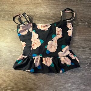 Pink Desert Floral Black Peplum Swim Top